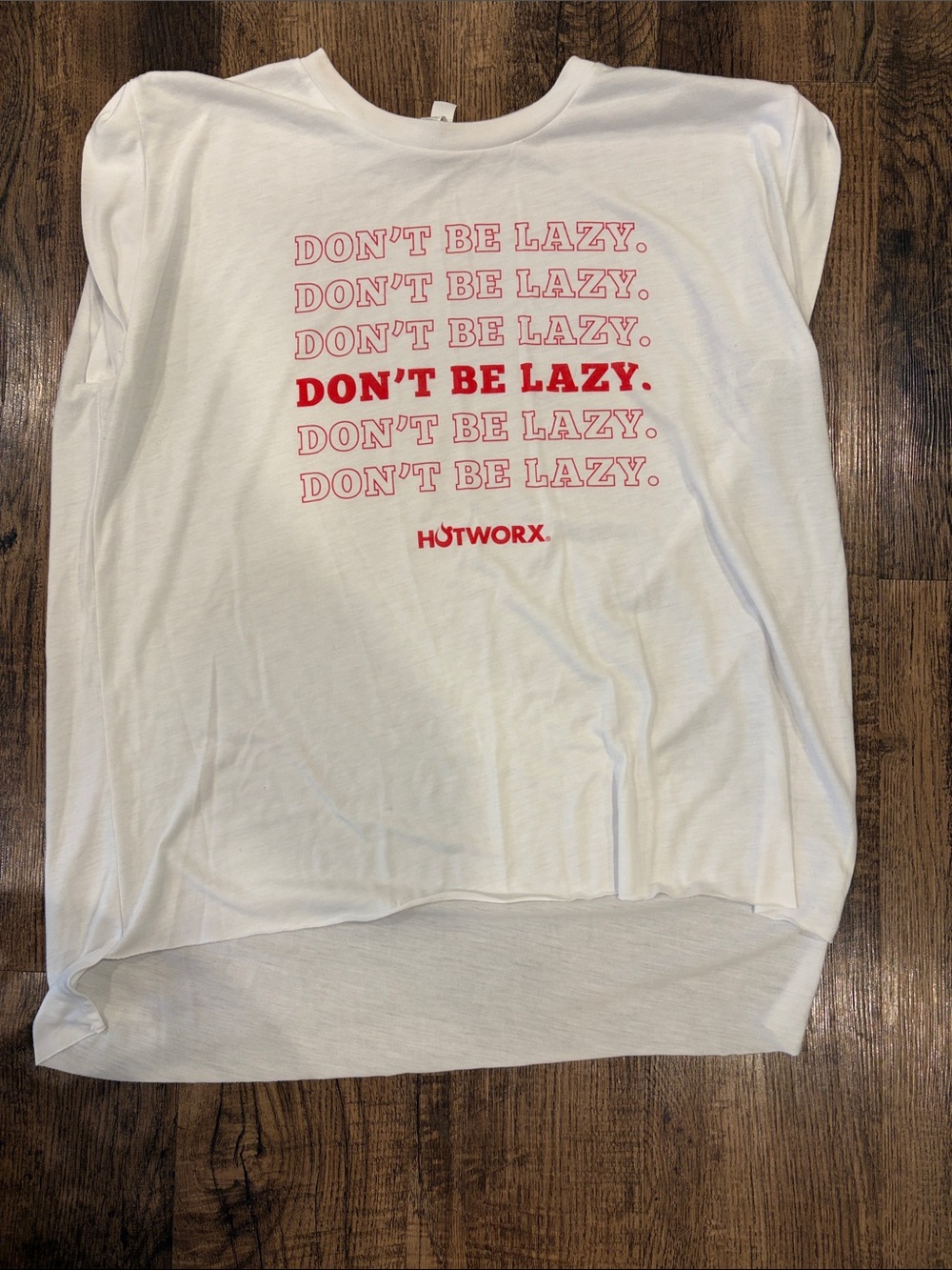 Hotworx Women's White Muscle Tee with Red 'Don't Be Lazy' Graphic